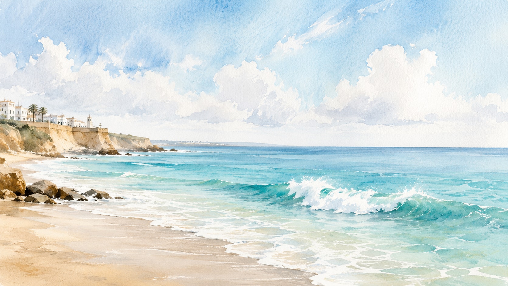 Costa atlántica de Cádiz pintada en acuarela